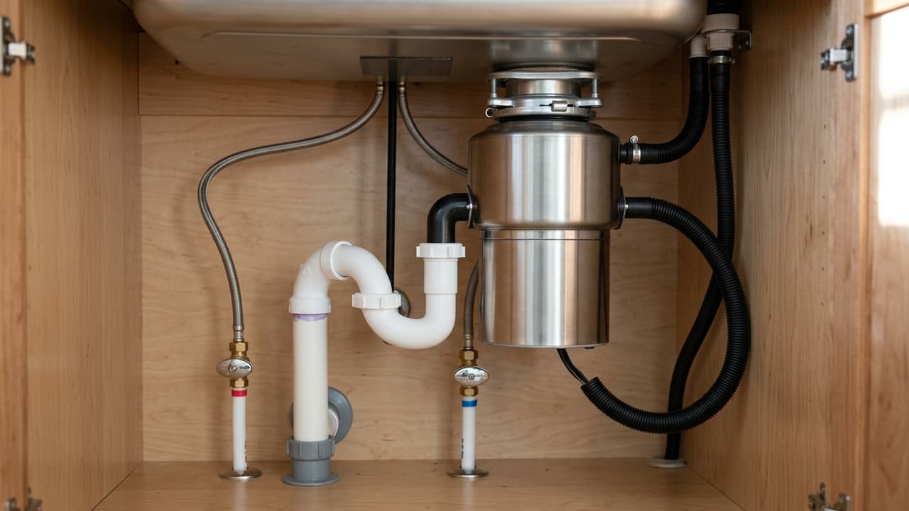 A garbage disposal unit and P-trap under a kitchen sink