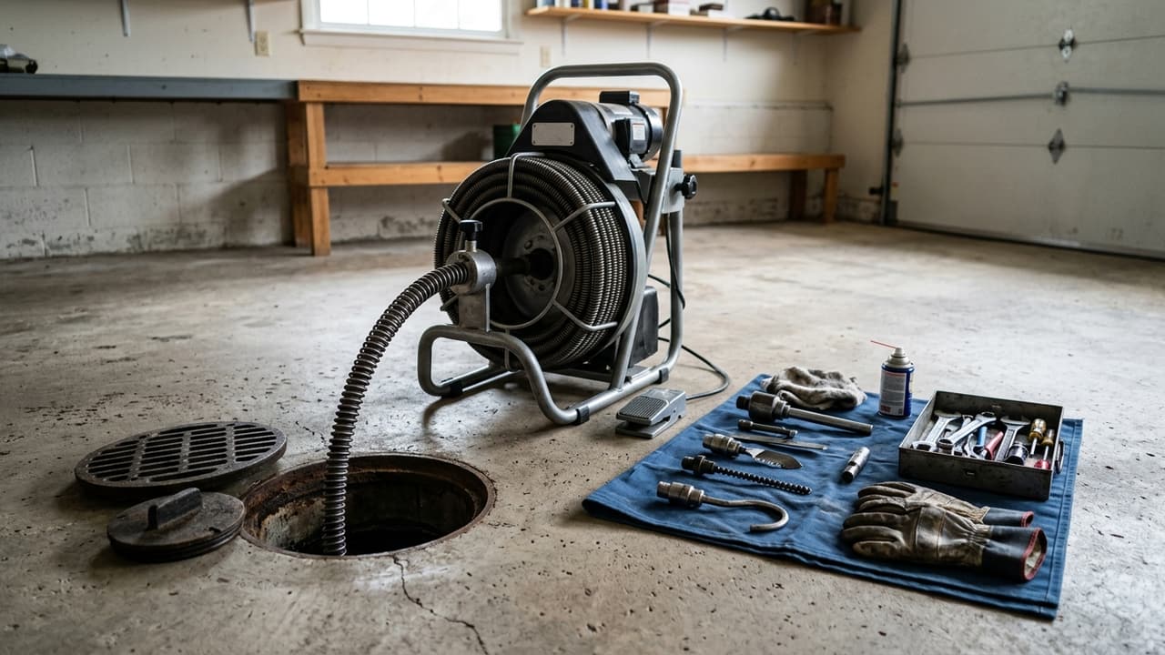 A drain cleaning cable machine set up beside an open floor cleanout