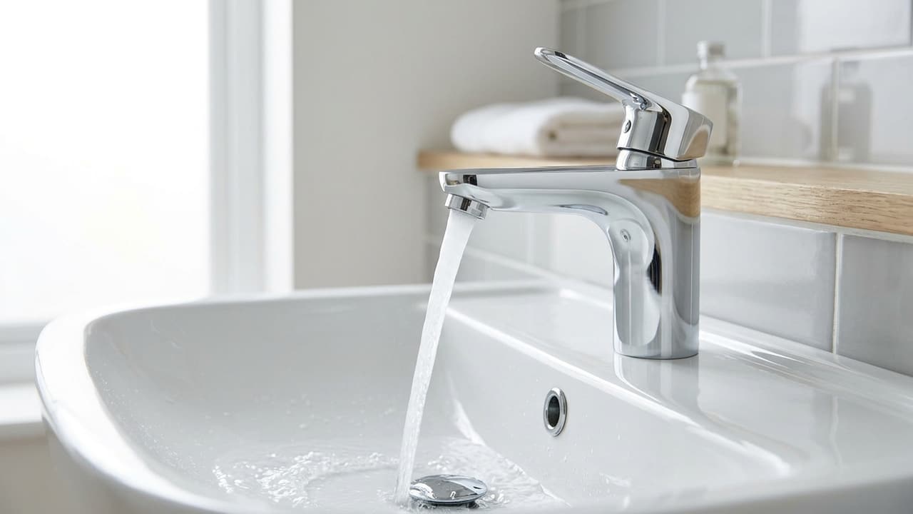 A modern bathroom faucet running into a white basin