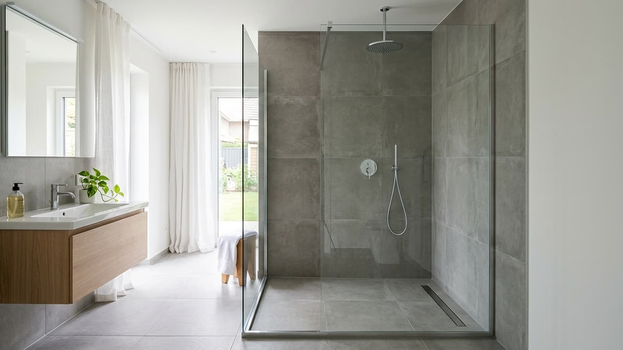 A modern tiled walk in shower with a chrome shower head