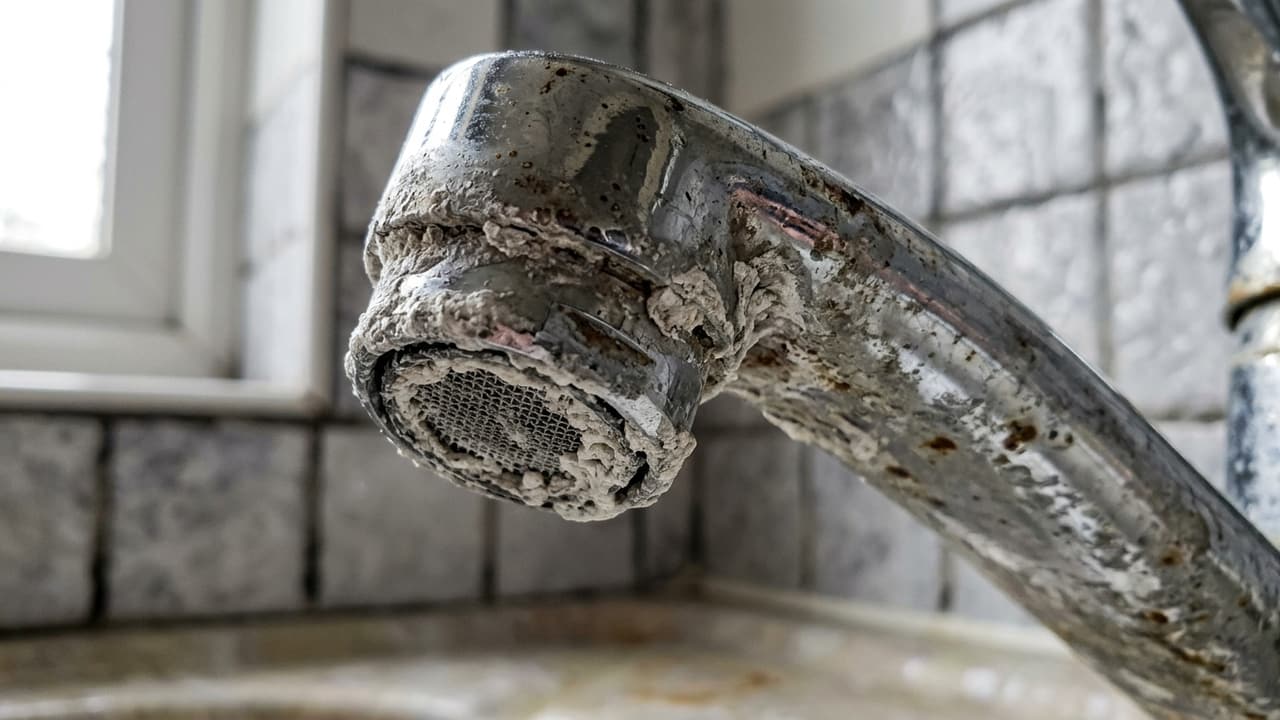 White limescale buildup on a chrome faucet spout and aerator