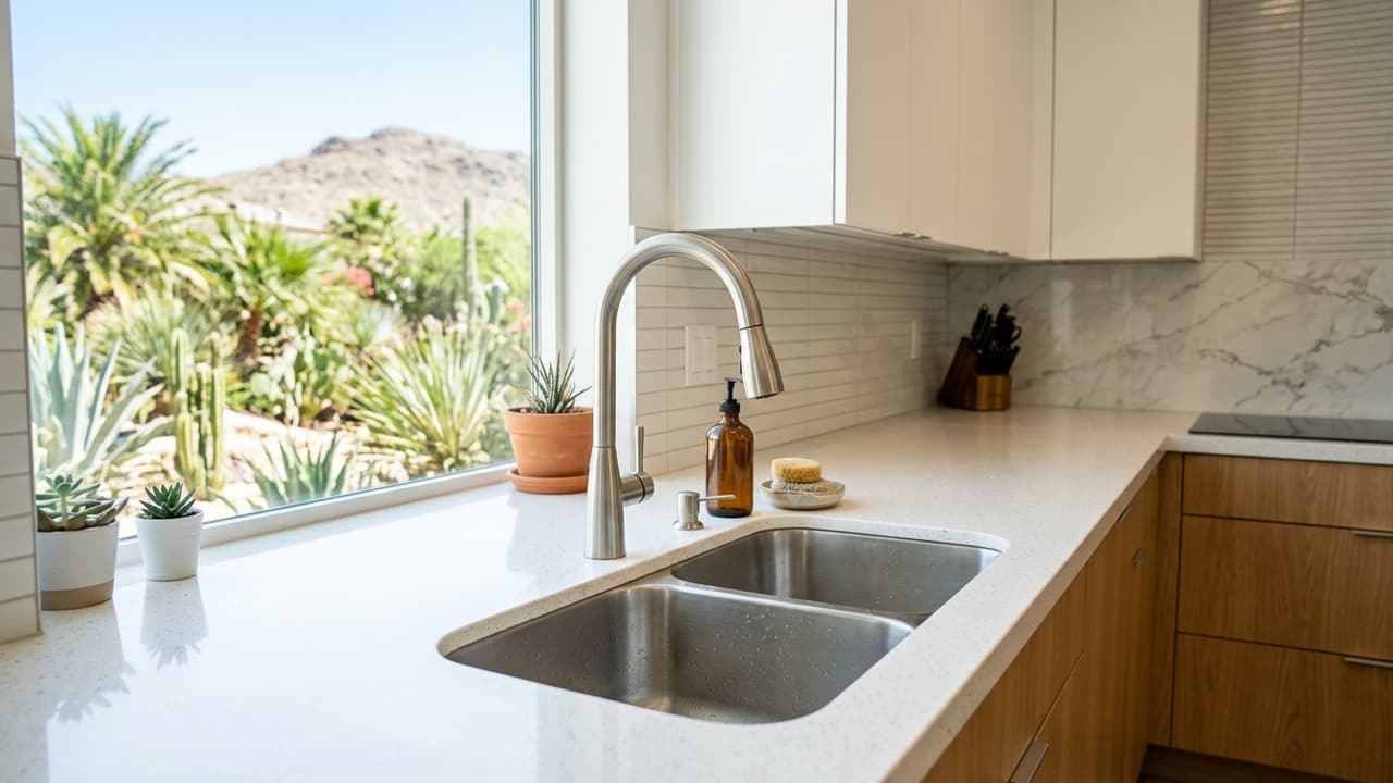Kitchen sink and faucet in a bright modern Las Vegas home
