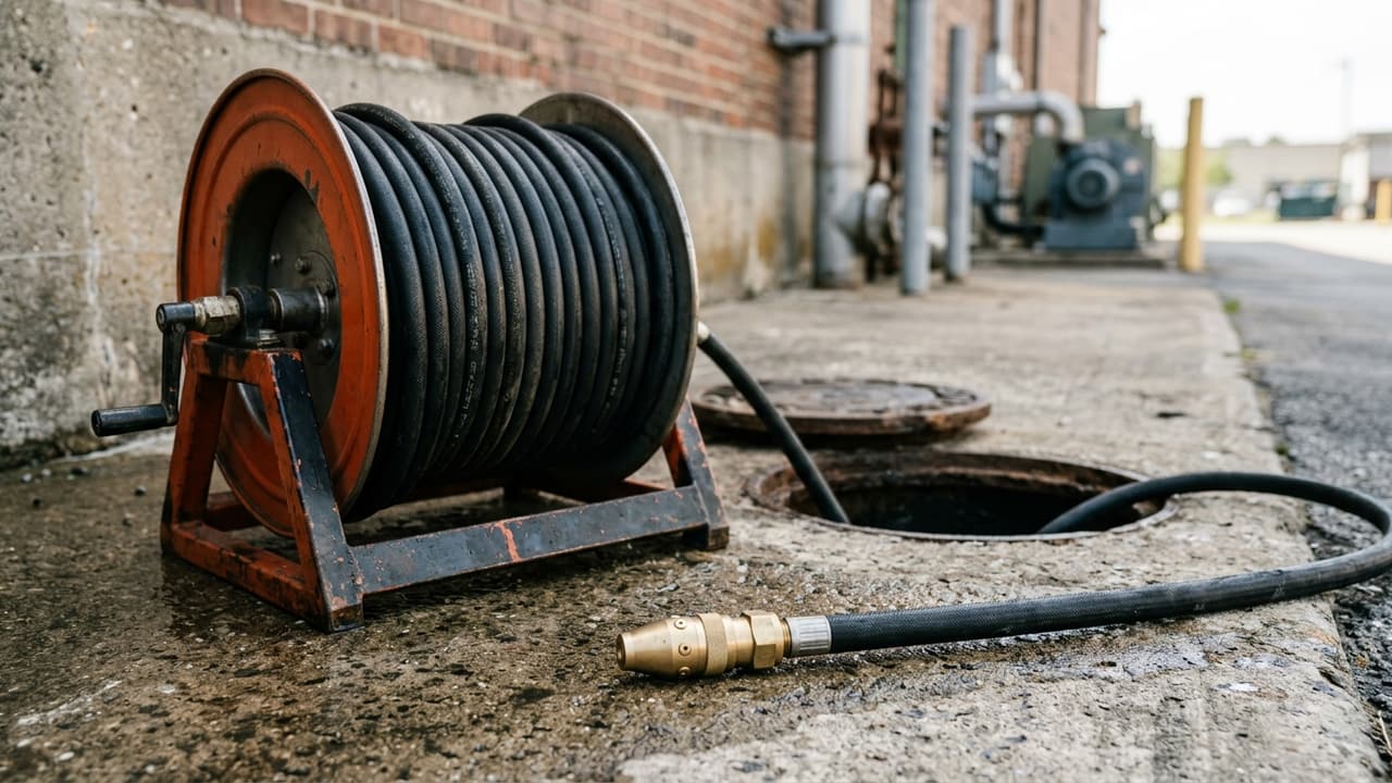 A high pressure hydro jetting hose reel and nozzle