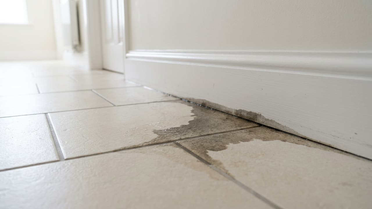 A water stain spreading across a tiled floor near a baseboard