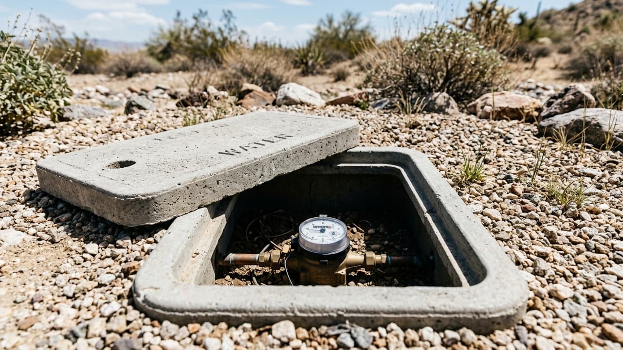 An open water meter box set into desert gravel landscaping