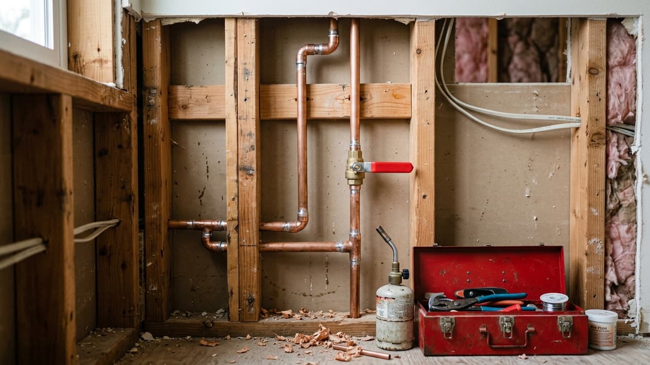 Copper water supply pipes and fittings inside an open wall cavity