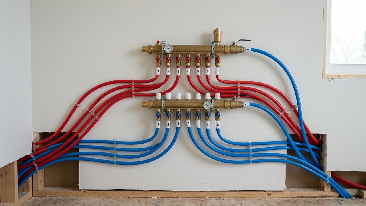 A PEX manifold with red and blue distribution lines