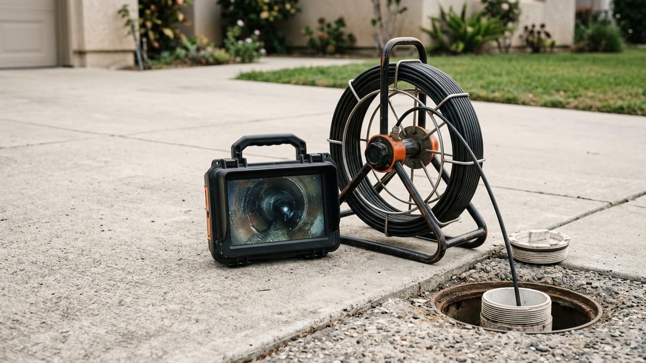 A sewer inspection camera monitor showing the inside of a pipe