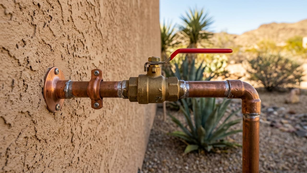 A main water shutoff ball valve on an exterior wall