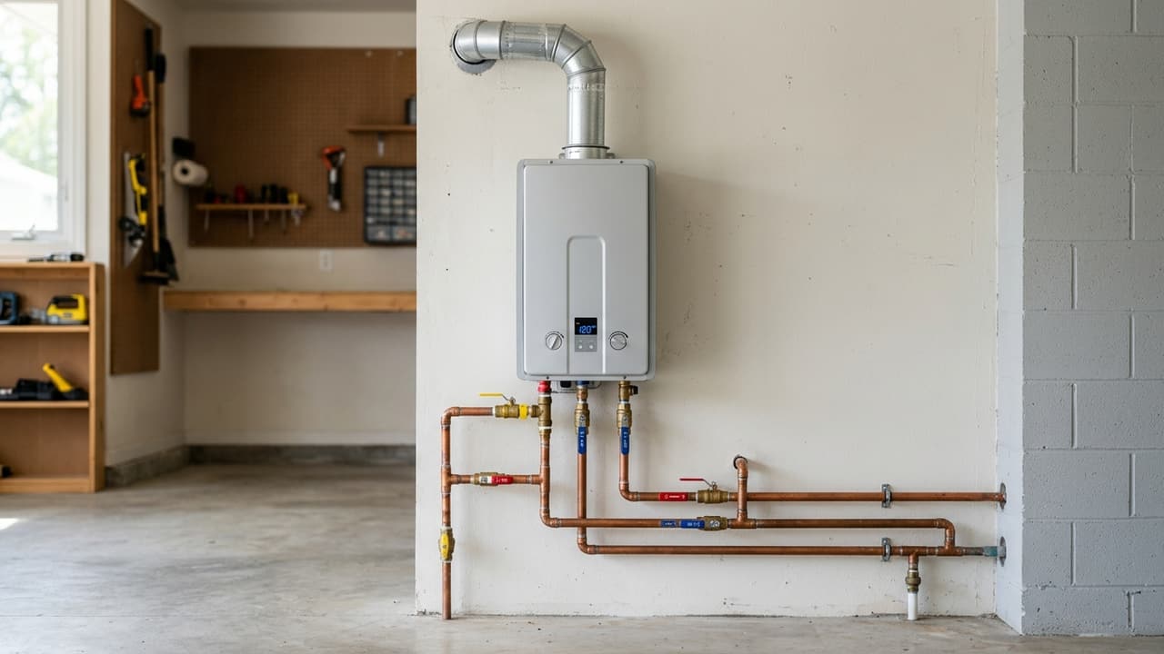 A wall mounted tankless water heater with isolation valves