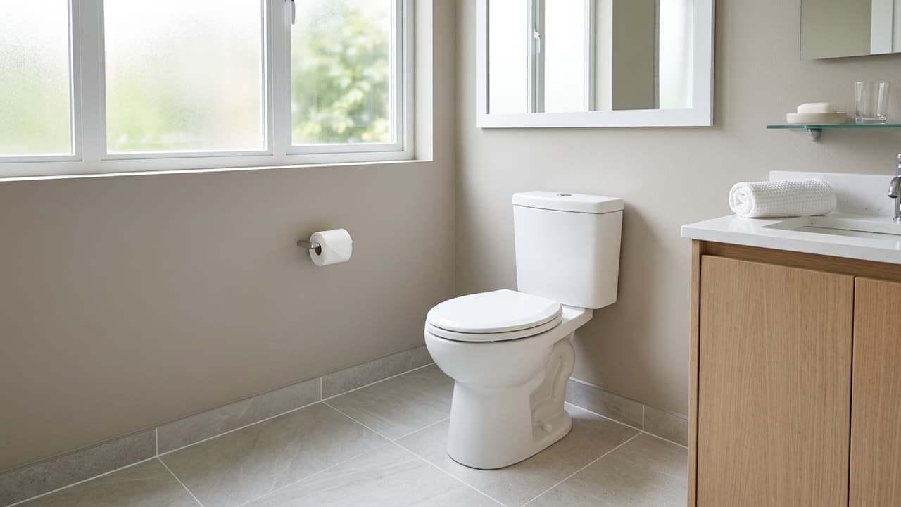 A clean modern bathroom with a white toilet and tiled floor