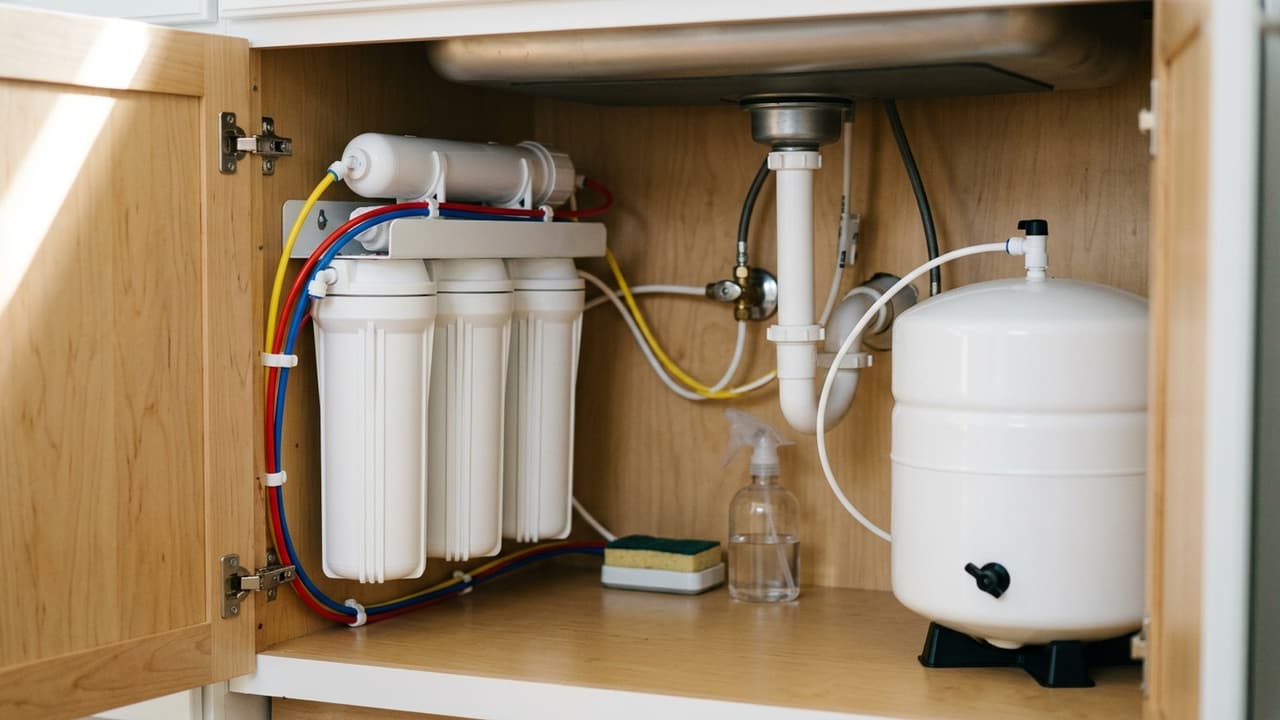 An under sink reverse osmosis filter system with cartridges