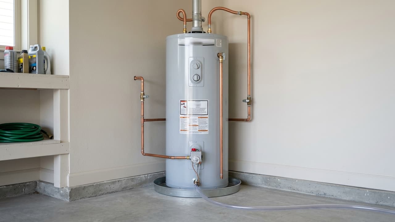A residential tank water heater installed in a garage