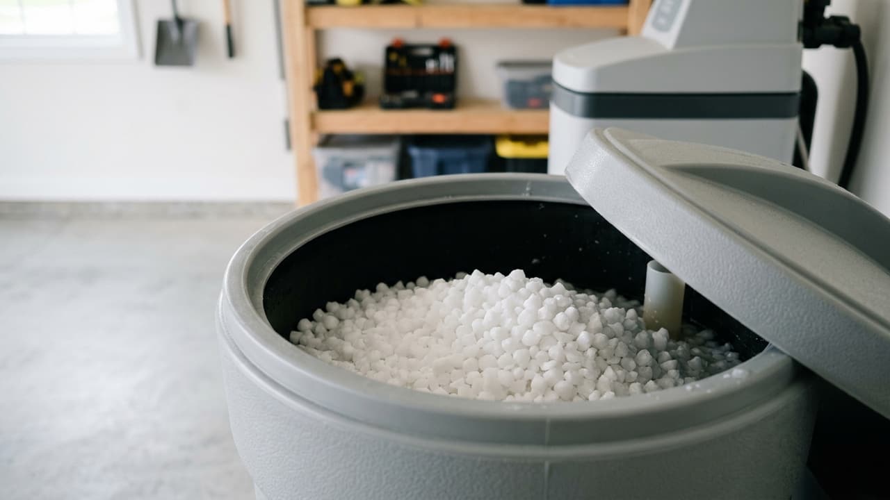 Water softener salt pellets inside an open brine tank