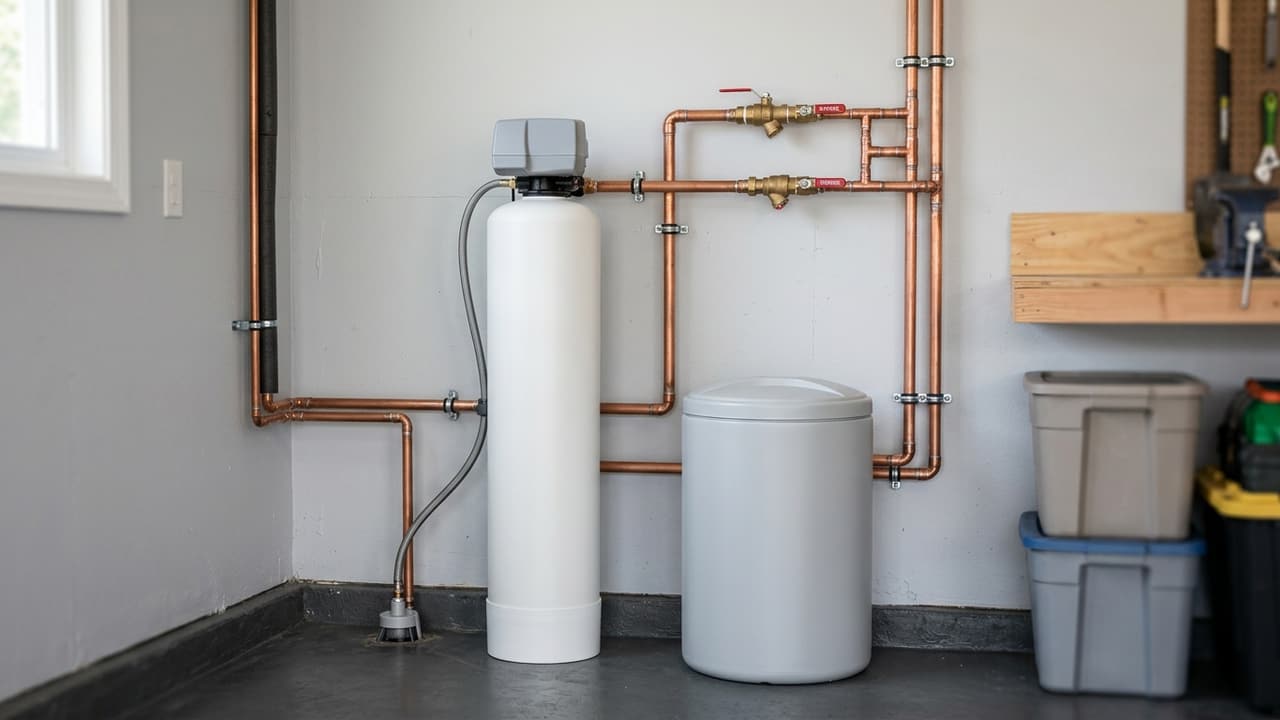 A whole home water softener and brine tank plumbed into a garage wall